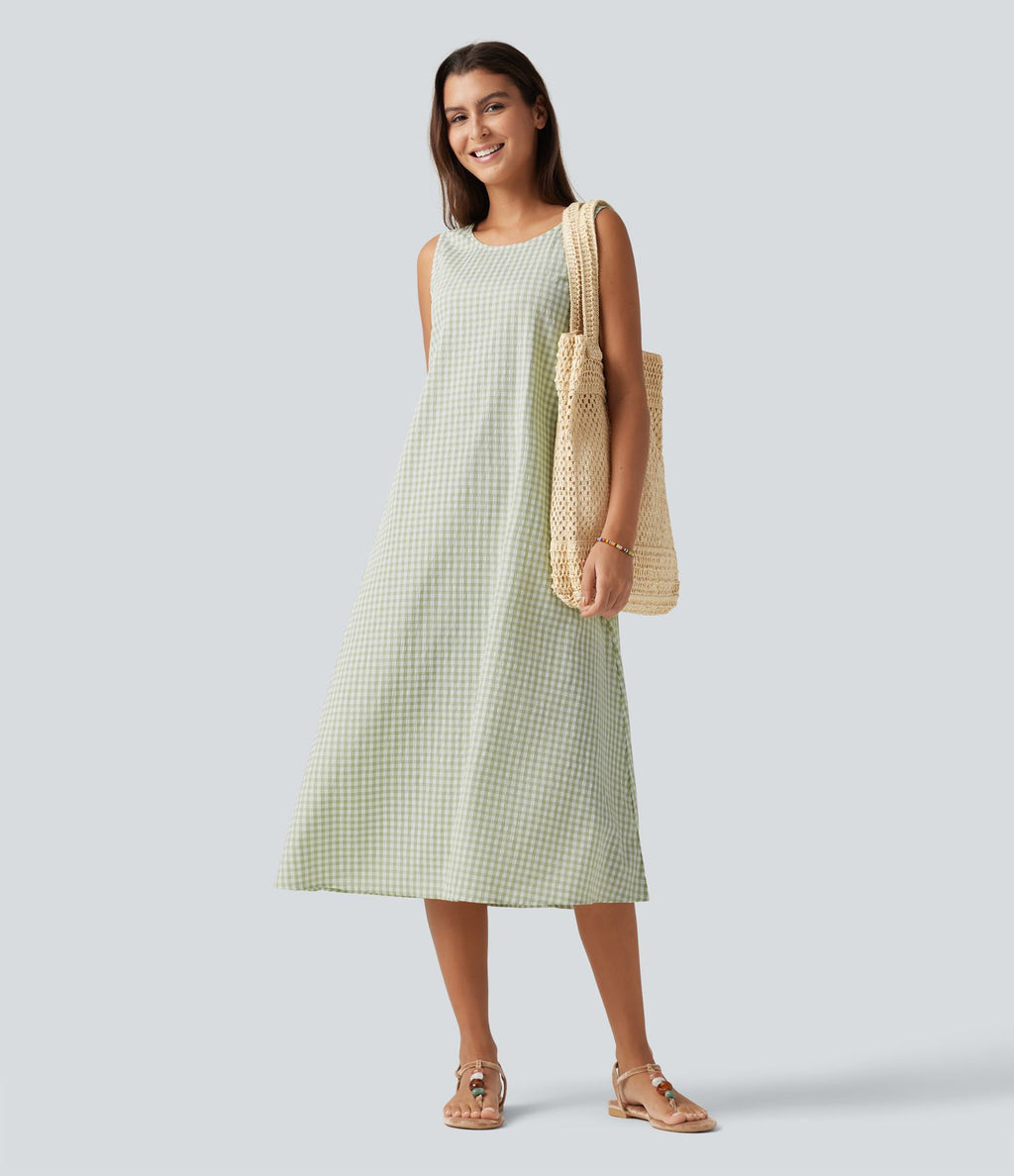 Robe débardeur midi décontractée en vichy froissé, col rond, sans manches, à poches