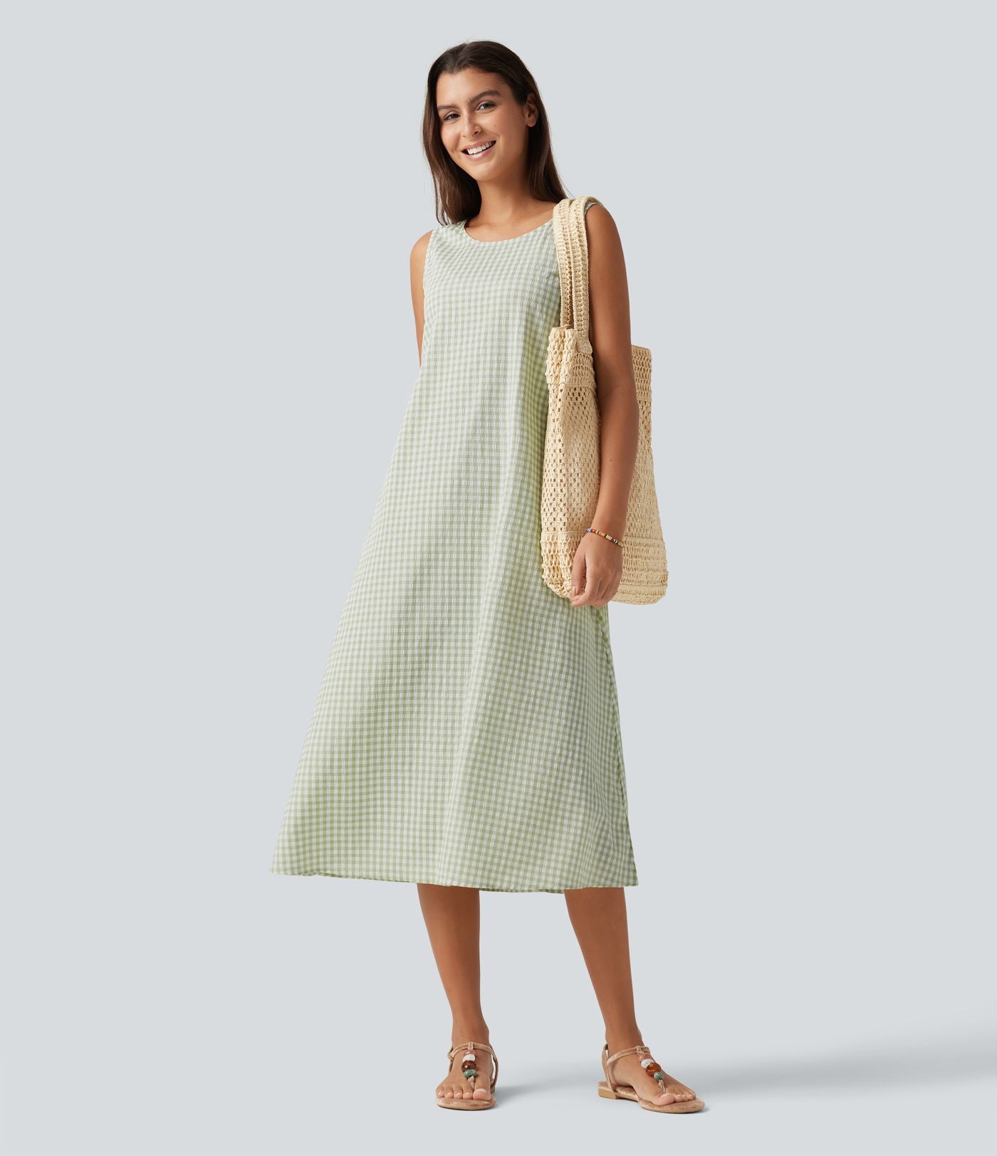 Robe débardeur midi décontractée en vichy froissé, col rond, sans manches, à poches