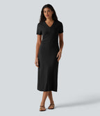 Robe midi décontractée à manches courtes et col en V en maille sculptante