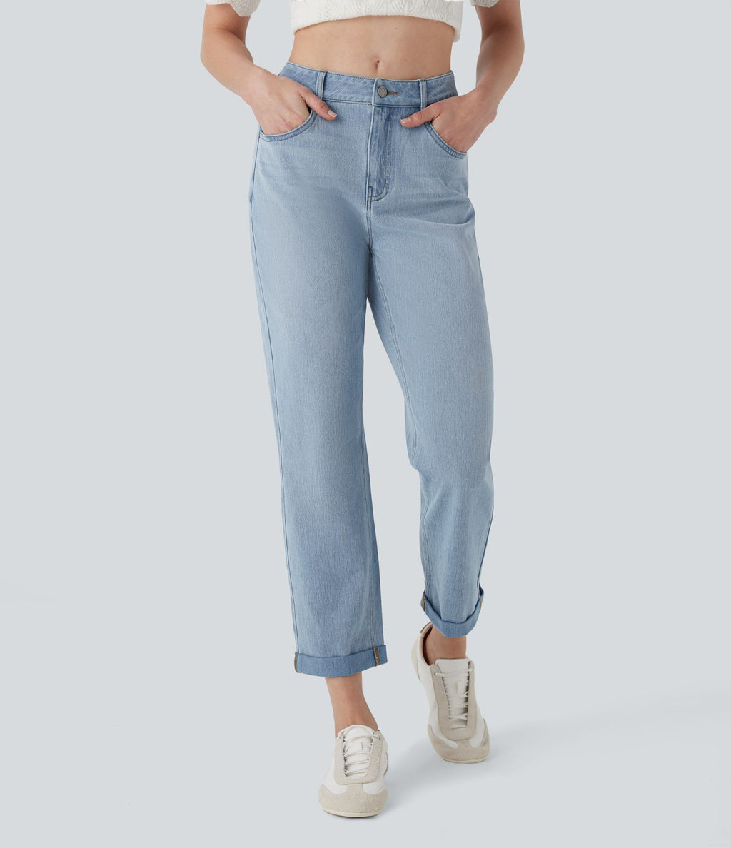 Jean 7/8 décontracté délavé taille mi-haute à jambe droite Halara Flex™ avec poches