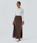 Jupe Casual Maxi 2 en 1 Taille Haute Boucle Décorative Fente
