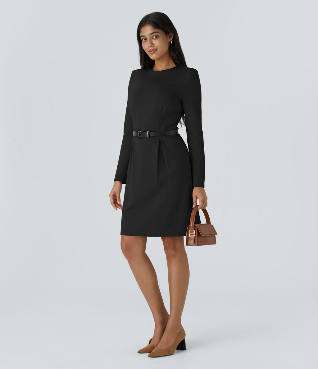 Robe de travail mini ajustée col rond à épaulettes à manches longues et ourlet