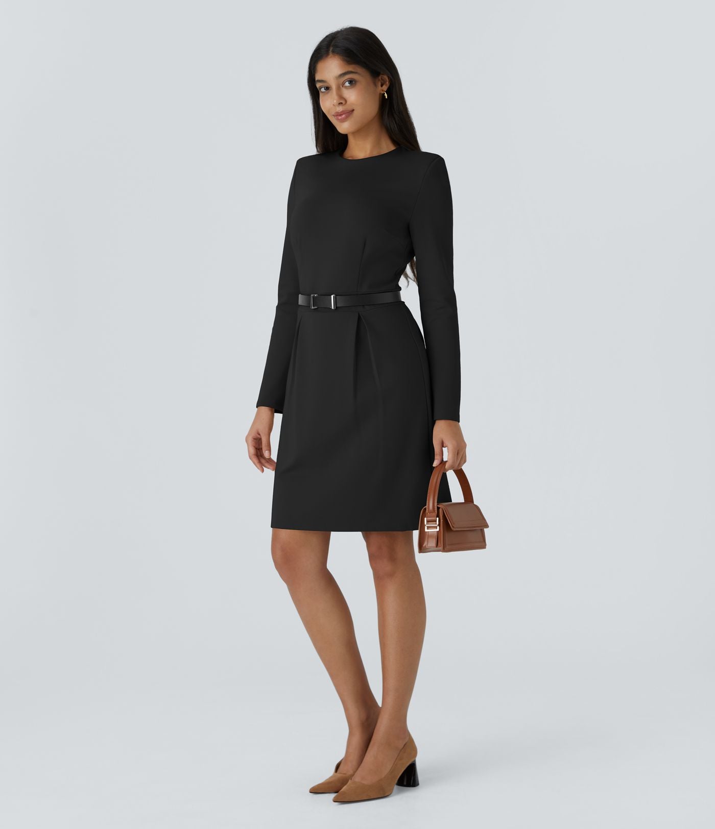 Robe de travail mini ajustée col rond à épaulettes à manches longues et ourlet