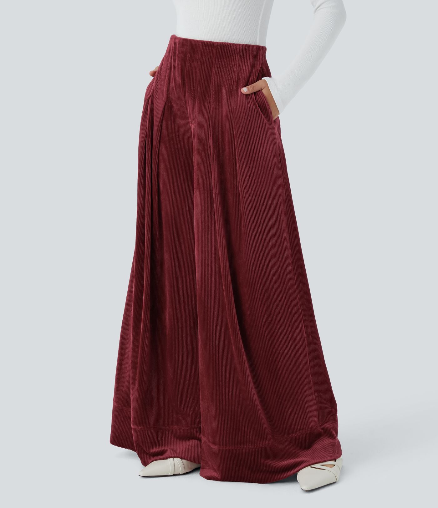 Pantalon de palazzo décontracté en velours côtelé taille haute à plis avec poches multiples