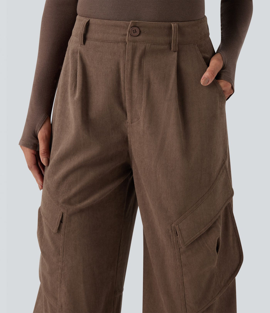 Pantalon cargo velours côtelé taille mi-haute avec poches