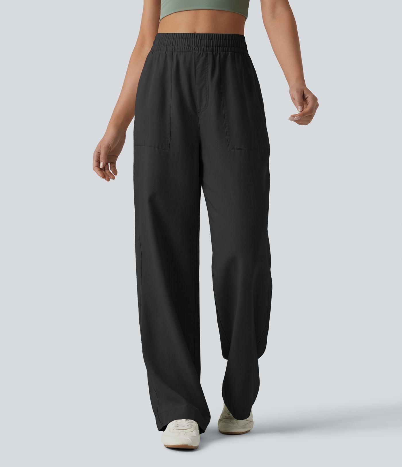 Pantalon large fluide décontracté taille haute en lyocell et lin mélangé avec cordon de serrage intérieur et poches