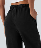Pantalon jogging en coton molleton français délavé taille haute avec cordon de serrage et poches