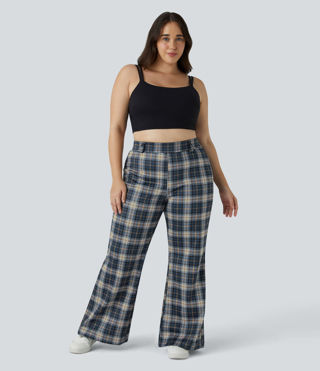 Pantalon Large Casual Taille Haute Carreaux Grande Taille