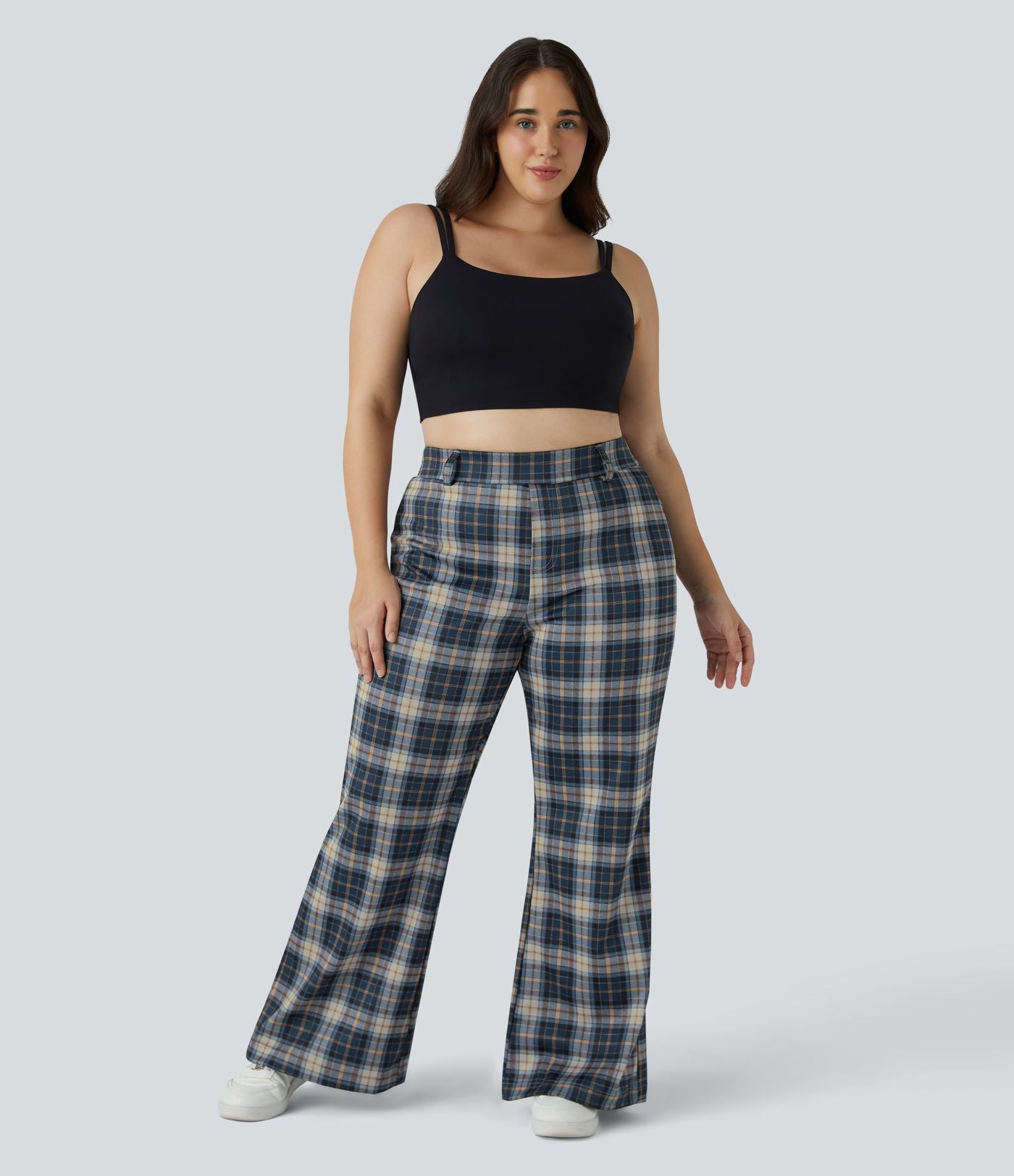 Pantalon Large Casual Taille Haute Carreaux Grande Taille
