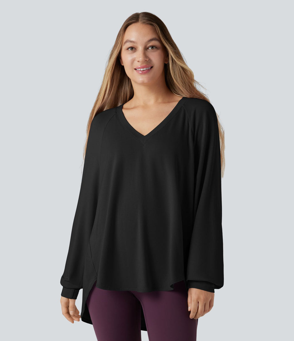 Sweat-shirt col V manches longues ourlet asymétrique