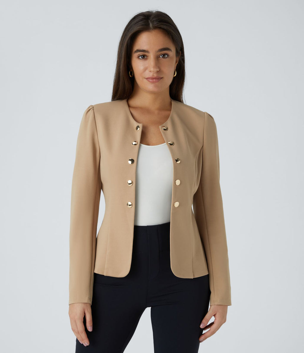 Blazer tailleur ajusté à col rond, manches longues avec boutons décoratifs