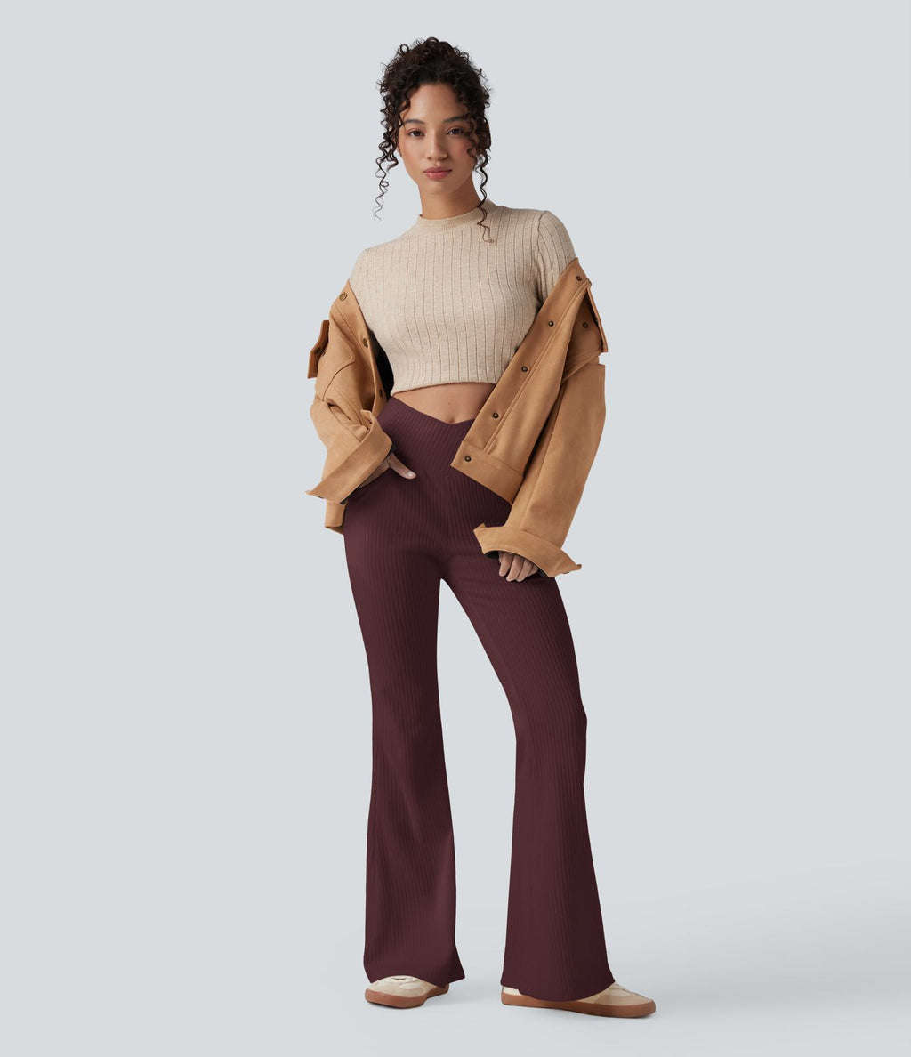 Pantalon Taille Haute Casual Évasés en Tricot Côtelé avec Poches Latérales et Croisé