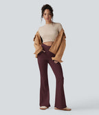 Pantalon Taille Haute Casual Évasés en Tricot Côtelé avec Poches Latérales et Croisé