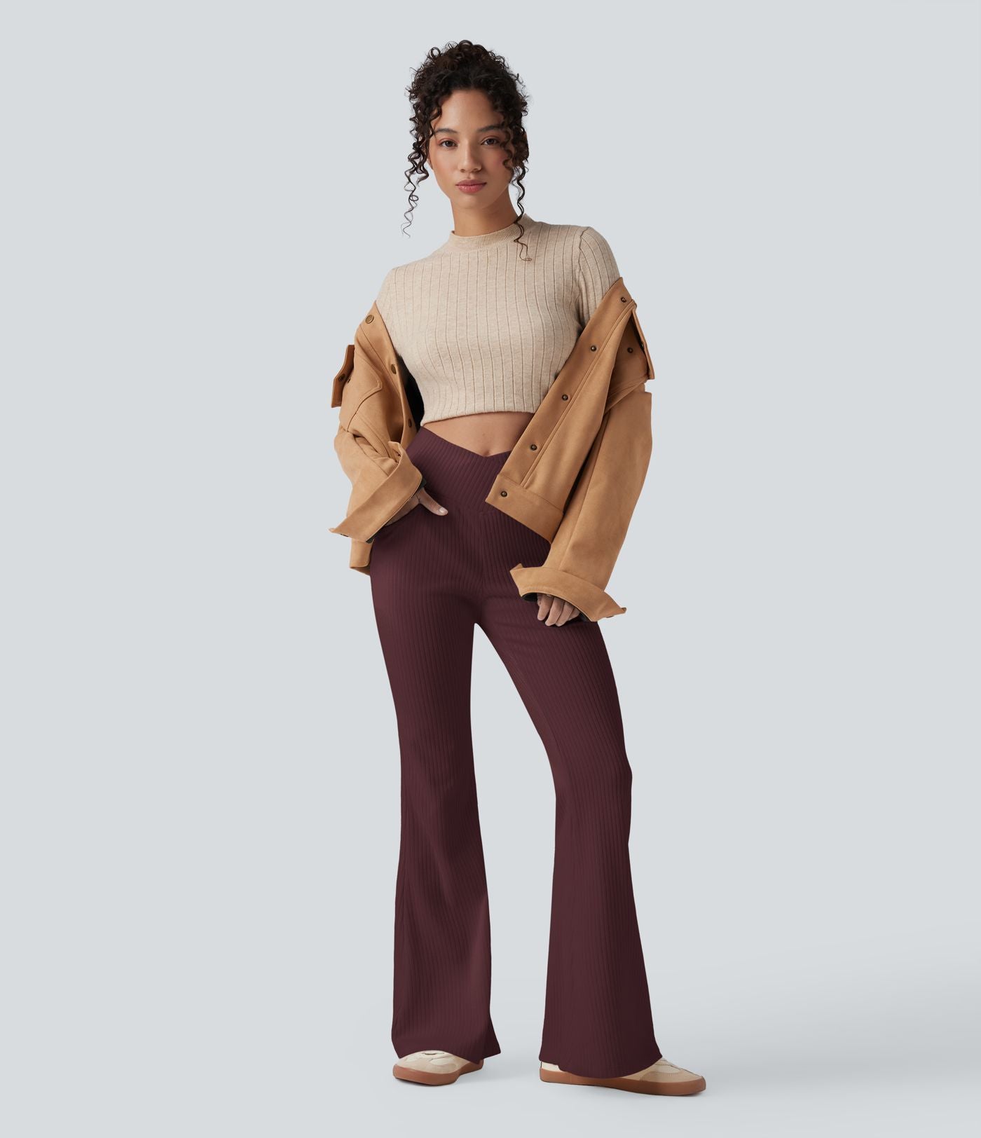 Pantalon Taille Haute Casual Évasés en Tricot Côtelé avec Poches Latérales et Croisé