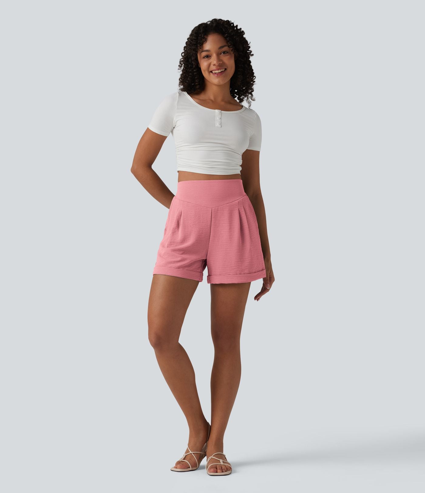 Short détente effet lin taille haute, entrejambe 10cm avec poches
