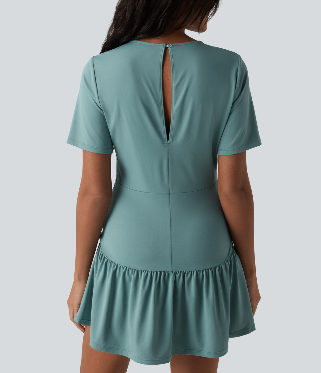 Robe mini casual 2 pièces col rond manches courtes dos goutte d'eau avec poches