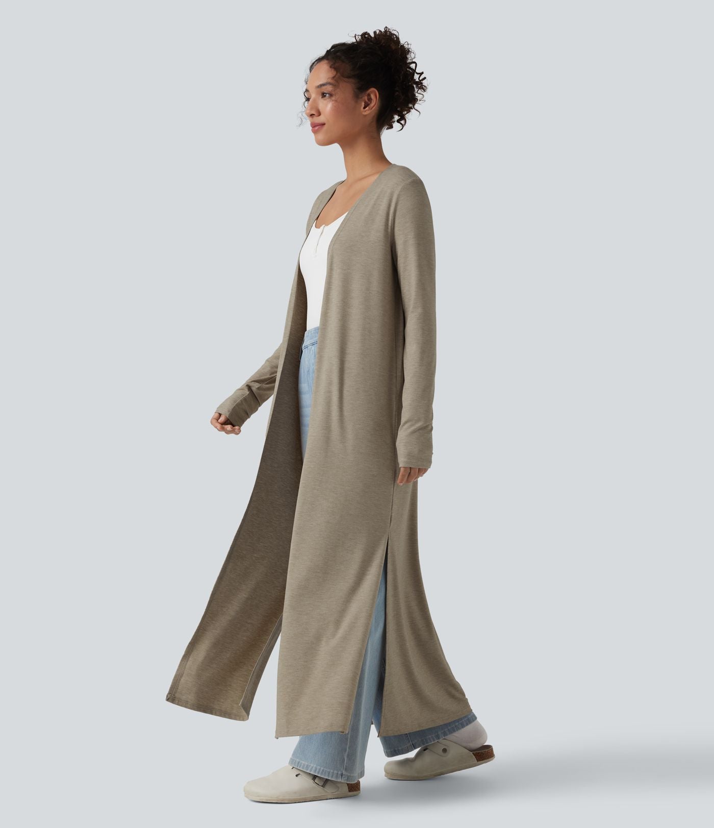 Manteau long décontracté à manches longues chiné avec fentes latérales