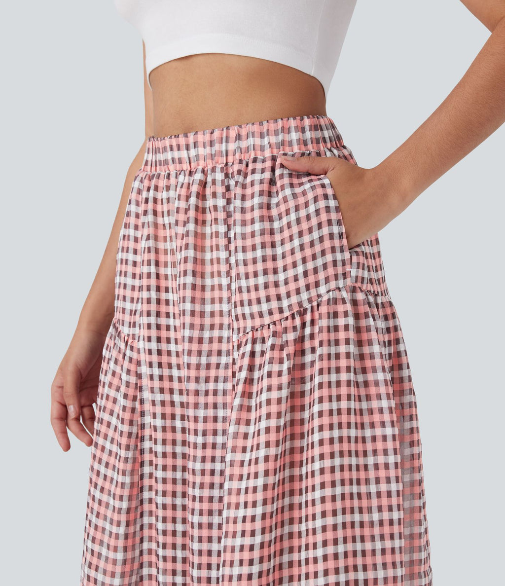 Pantalon décontracté à carreaux taille haute coupe ample avec poches latérales