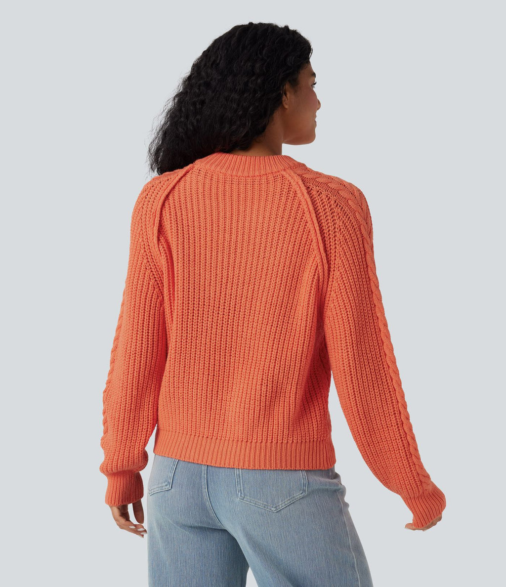 Pull décontracté maille torsadée col rond manches raglan longues coupe décontractée