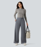 Pantalon tailleur rayé coupe droite taille haute avec poches