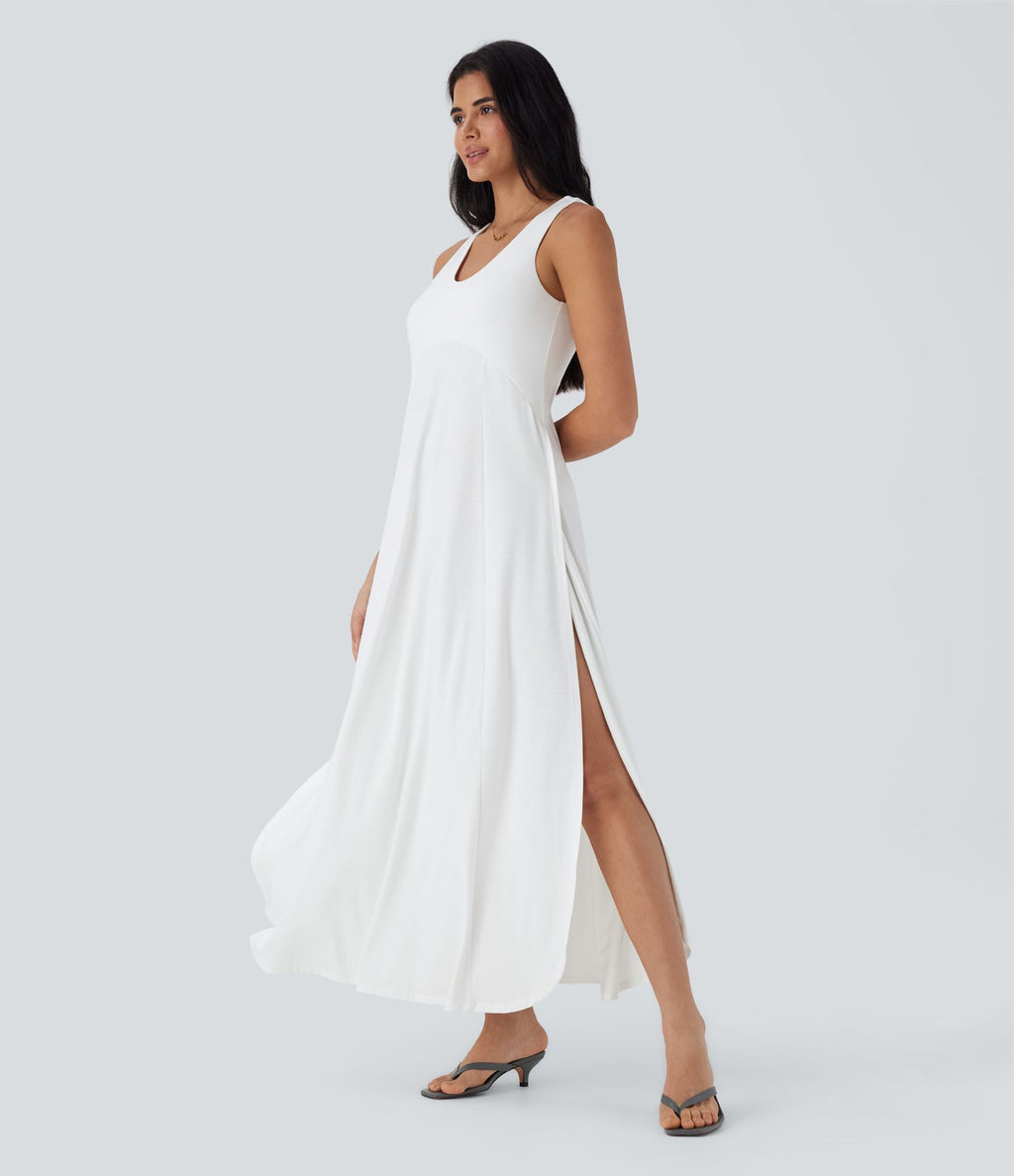 Robe longue à bretelles avec col U, dos nu, fente et coupe fluide