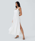 Robe longue à bretelles avec col U, dos nu, fente et coupe fluide