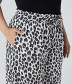 Pantalon décontracté grande taille large fluide taille haute imprimé léopard avec cordon de serrage et poches latérales