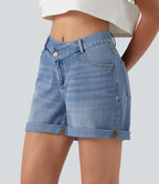 Short denim décontracté Halara Flex™ asymétrique délavé taille haute ourlet roulotté avec poches