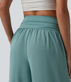 Pantalon ample taille haute ventre plat aspect lin avec fronces et poches