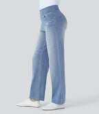 Jean décontracté Halara Flex™ taille haute, extensible, délavé, jambes droites avec poches multiples