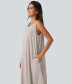 Robe débardeur midi décontractée col rond sans manches en vichy froissé avec poches