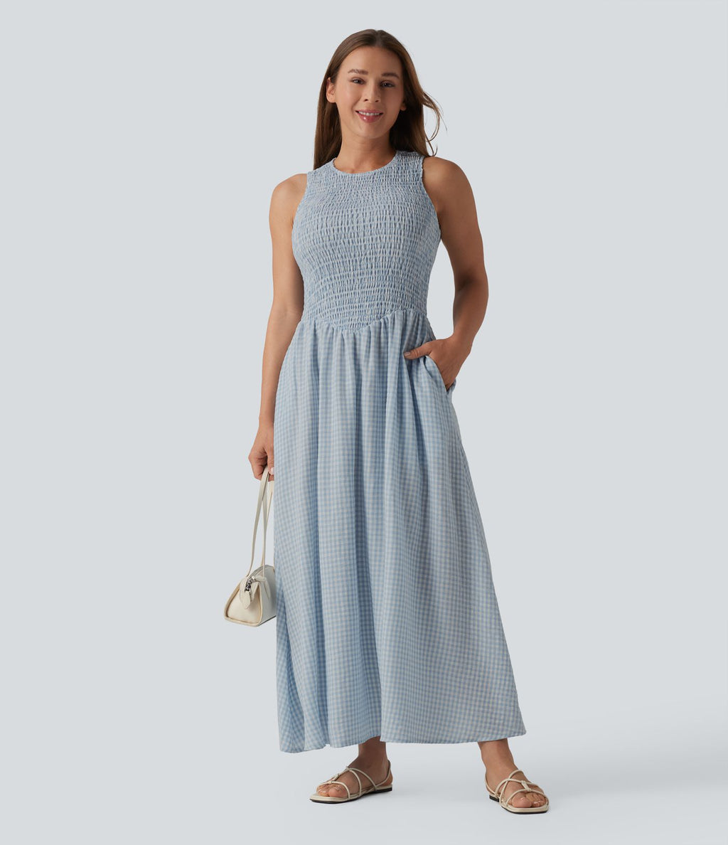 Robe midi fluide casual col rond sans manches à smocks et carreaux aspect lin avec poches