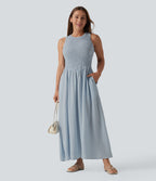Robe midi fluide casual col rond sans manches à smocks et carreaux aspect lin avec poches