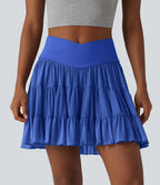 Jupe mini de tennis 2 en 1 croisée évasée taille haute avec poches - longueur allongée