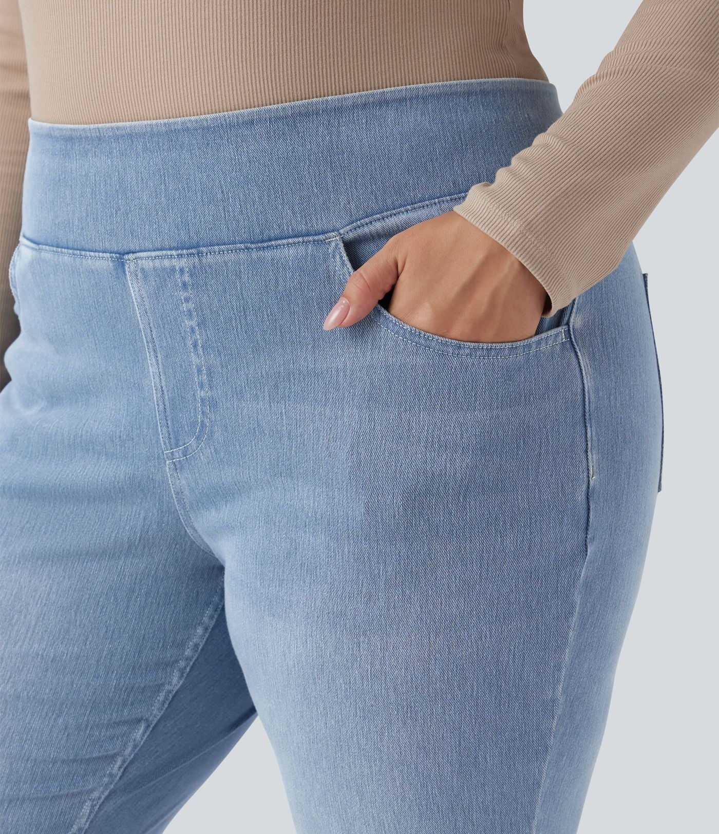 Jean décontracté Halara Flex™ grande taille bootcut taille haute en maille extensible délavée avec multiples poches