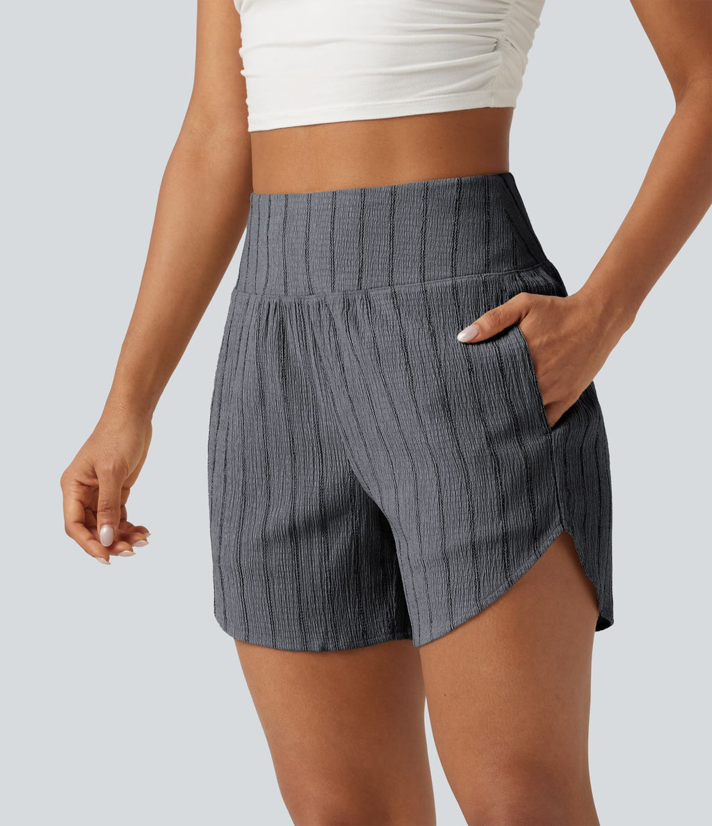 Short casual taille haute ourlet arrondi rayures avec poches