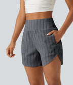 Short casual taille haute ourlet arrondi rayures avec poches