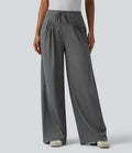 Pantalon casual ample chiné à plis taille haute avec cordon de serrage et poches