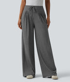 Pantalon casual ample chiné à plis taille haute avec cordon de serrage et poches