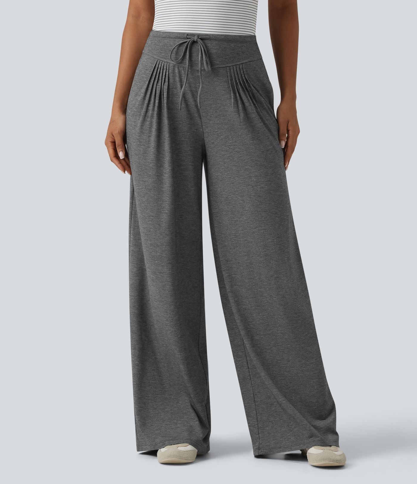 Pantalon casual ample chiné à plis taille haute avec cordon de serrage et poches