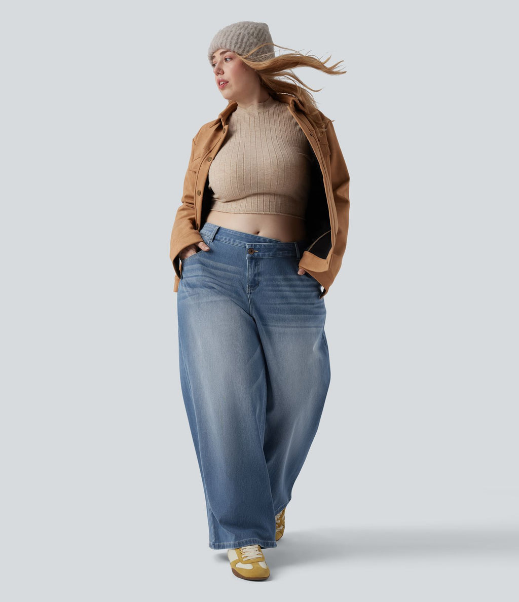 Jean décontracté grande taille Halara Flex™ asymétrique taille basse jambes larges effet délavé avec poches