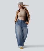 Jean décontracté grande taille Halara Flex™ asymétrique taille basse jambes larges effet délavé avec poches