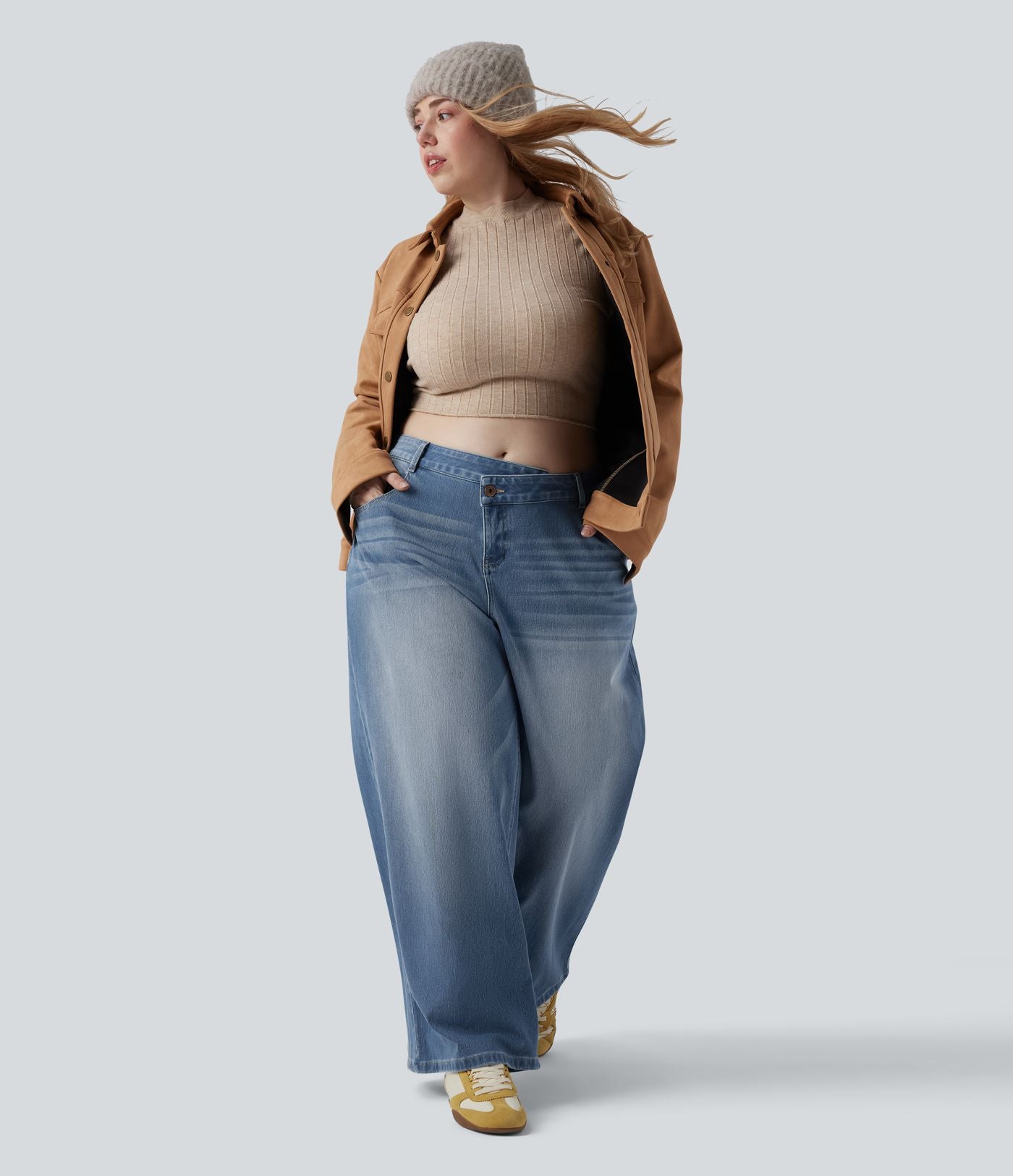 Jean décontracté grande taille Halara Flex™ asymétrique taille basse jambes larges effet délavé avec poches