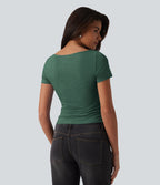 T-shirt décontracté col bateau manches courtes froncé