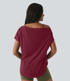 Top de yoga à une épaule, manches courtes, ourlet asymétrique et soutien-gorge intégré à séchage rapide