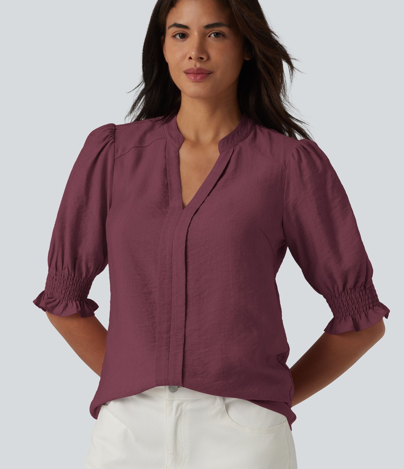 Blouse décontractée à col en V et manches courtes bouffantes