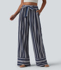 Pantalon large taille haute à rayures avec ceinture et poches