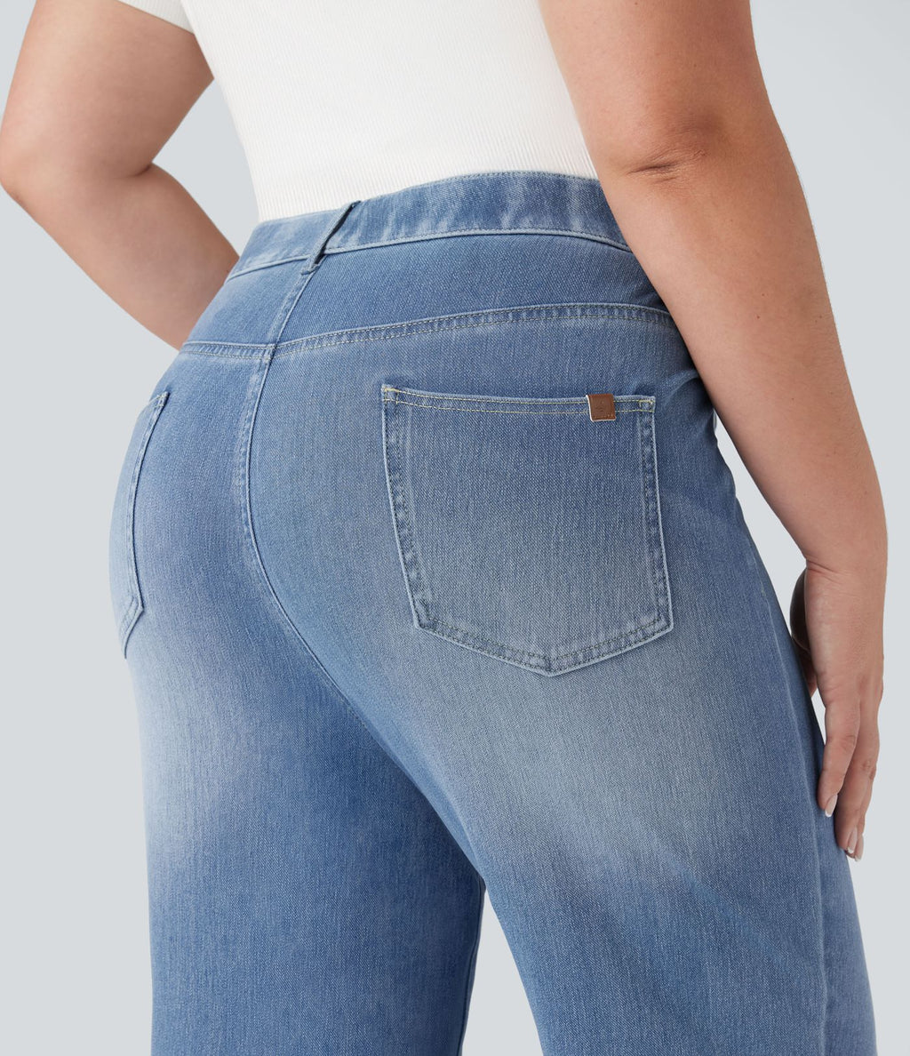 Jean droit décontracté délavé gainant taille haute grande taille avec poches Halara Flex™