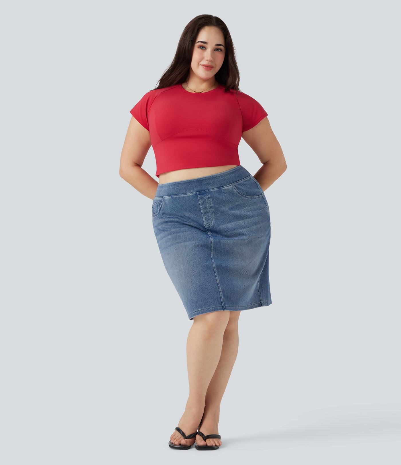 Jupe décontractée en denim délavé Halara Flex™ grande taille taille haute avec poches