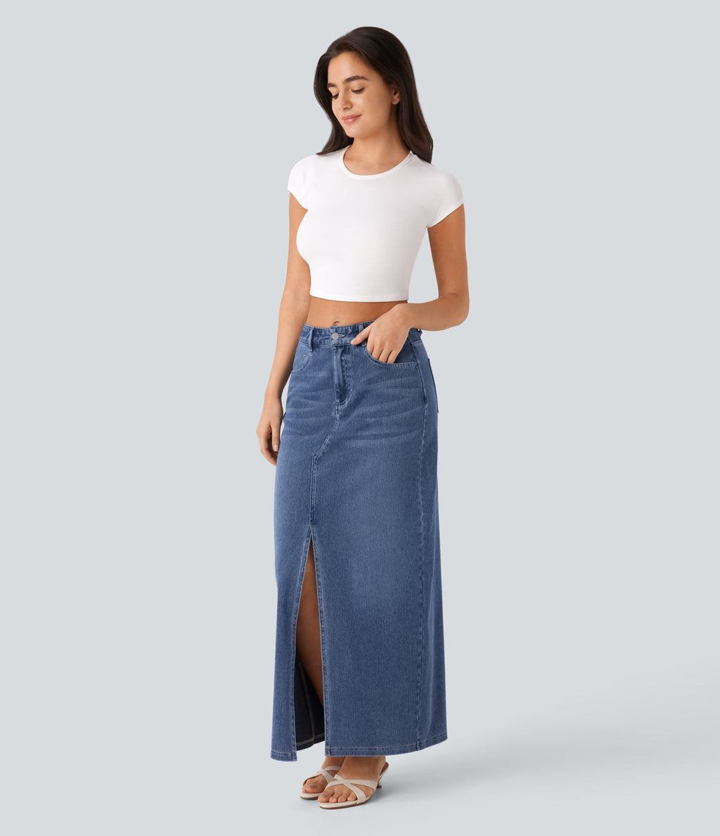 Halara Flex™ Jupe en Jean longue décontractée extensible délavé taille moyenne avec fente et multiples poches